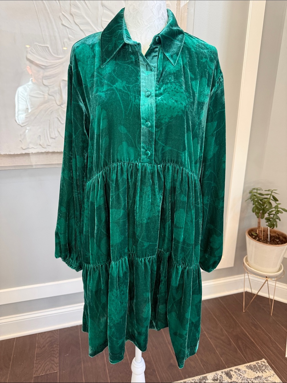 Maeve by Anthropologie Bettina Velvet Tiered Mini Shirtdress Green Floral Small